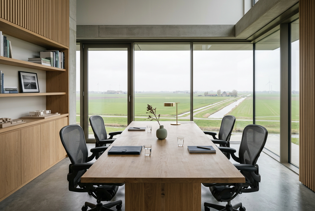 Rustig modern kantoor met uitzicht over het Flevolandse landschap
